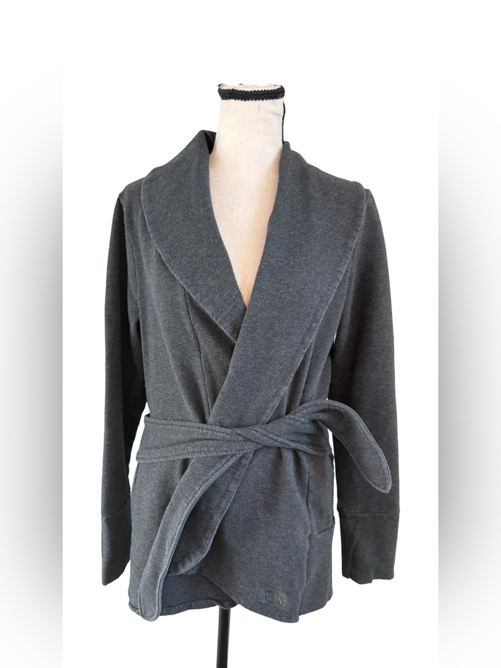 The North Face Women’s Large Gray Wrap Cardigan Belted Shawl Collar Jacket